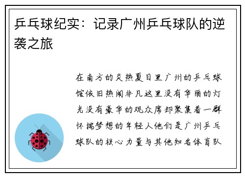 乒乓球纪实：记录广州乒乓球队的逆袭之旅