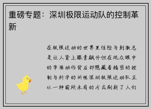 重磅专题：深圳极限运动队的控制革新