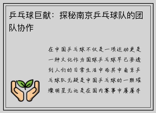 乒乓球巨献：探秘南京乒乓球队的团队协作